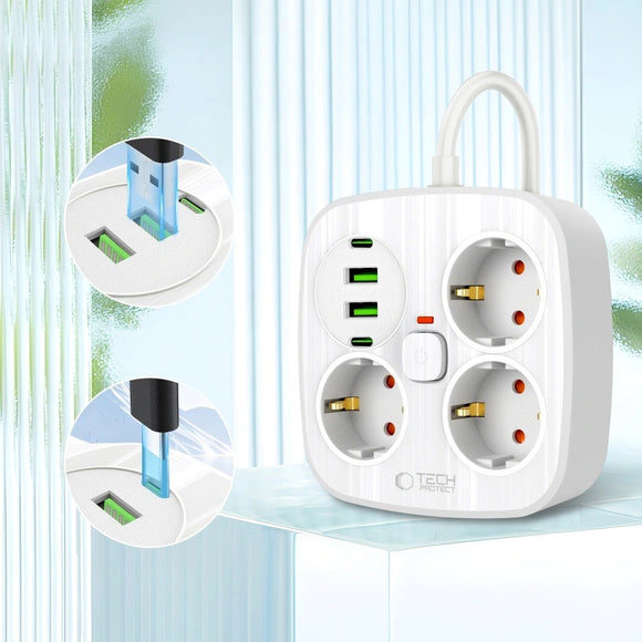 Tech-Protect Multifunktionel Strømskinne m. 3 x Udtag / 2 x USB-A / 2 x USB-C - 2m - Hvid