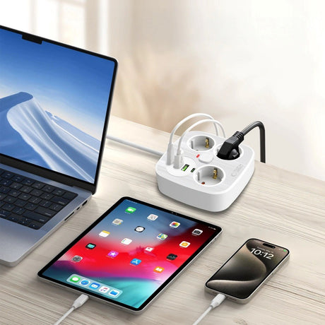 Tech-Protect Multifunktionel Strømskinne m. 3 x Udtag / 2 x USB-A / 2 x USB-C - 2m - Hvid