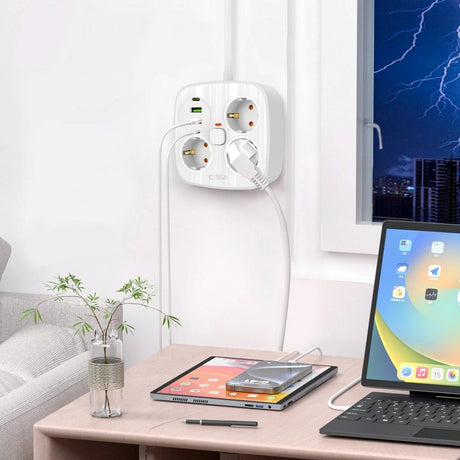 Tech-Protect Multifunktionel Strømskinne m. 3 x Udtag / 2 x USB-A / 2 x USB-C - 2m - Hvid