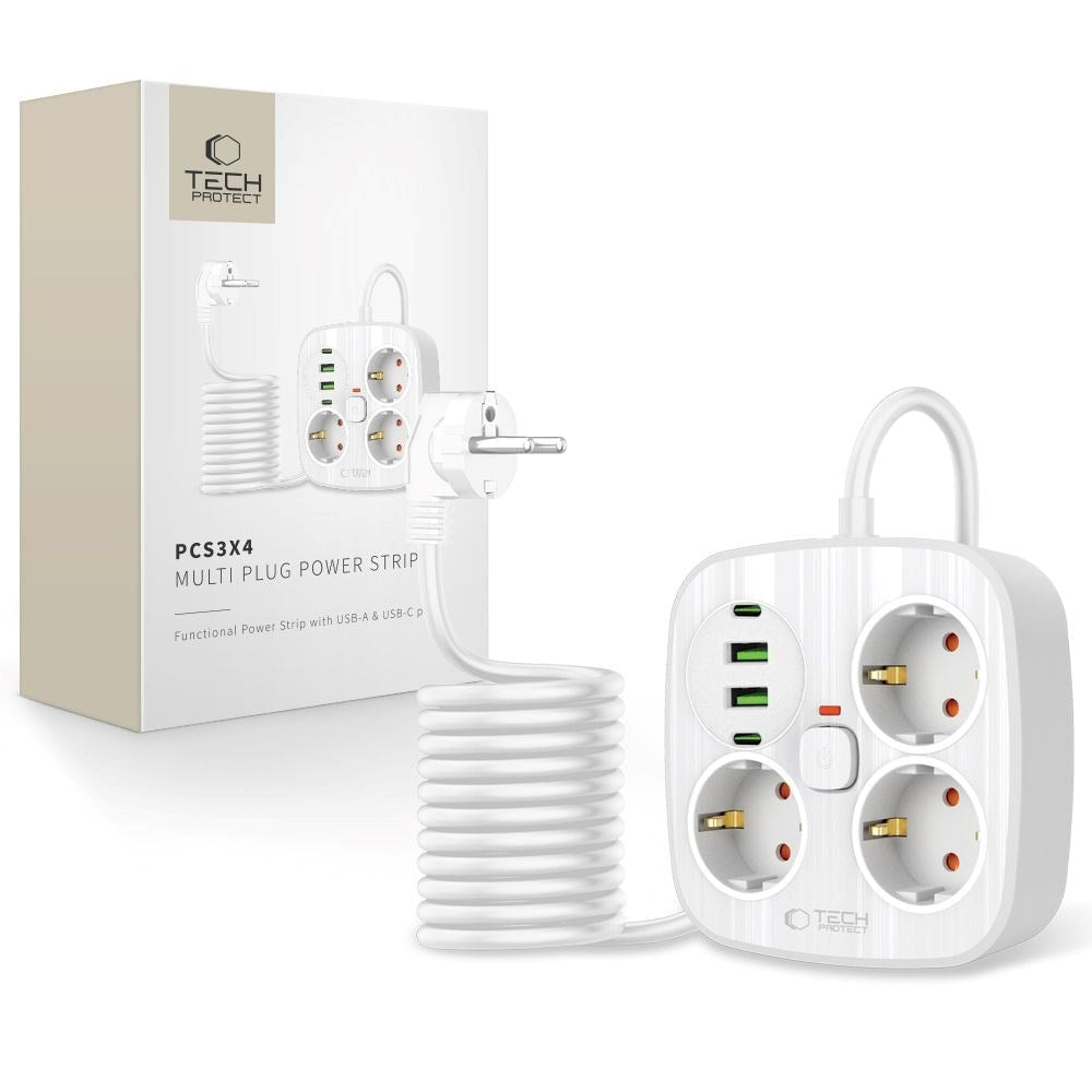 Tech-Protect Multifunktionel Strømskinne m. 3 x Udtag / 2 x USB-A / 2 x USB-C - 2m - Hvid