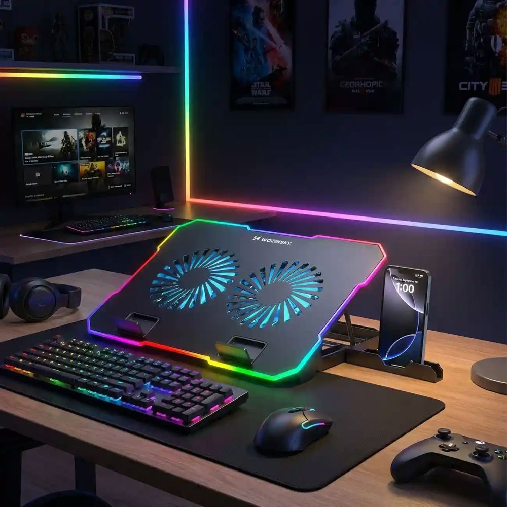 Wozinsky NitroCool Computer Stander m. RGB-Lys & Nedkøling - Sort