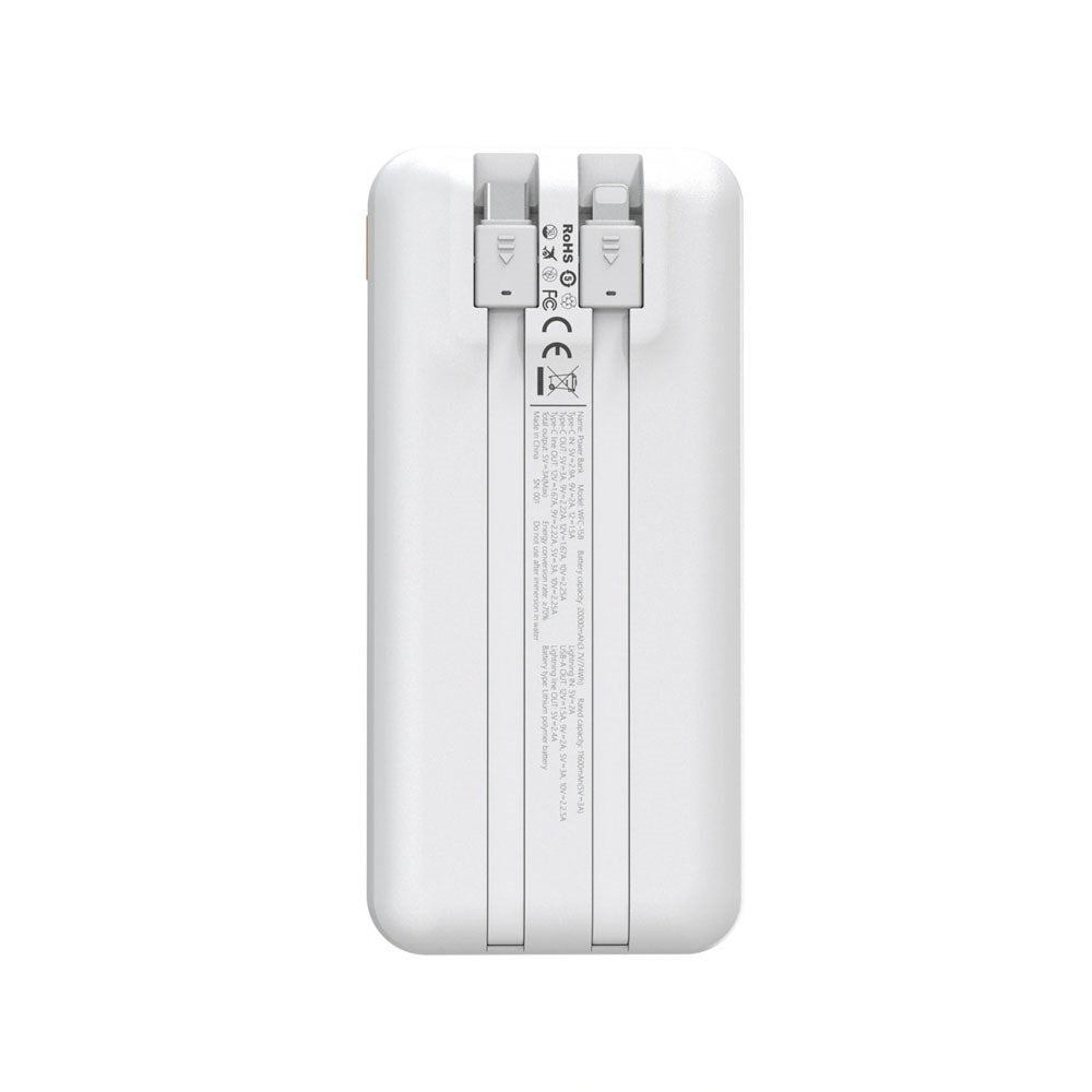 Wozinsky 20.000mAh Powerbank m. Indbygget USB-C- & Lightning-Kabel - Hvid