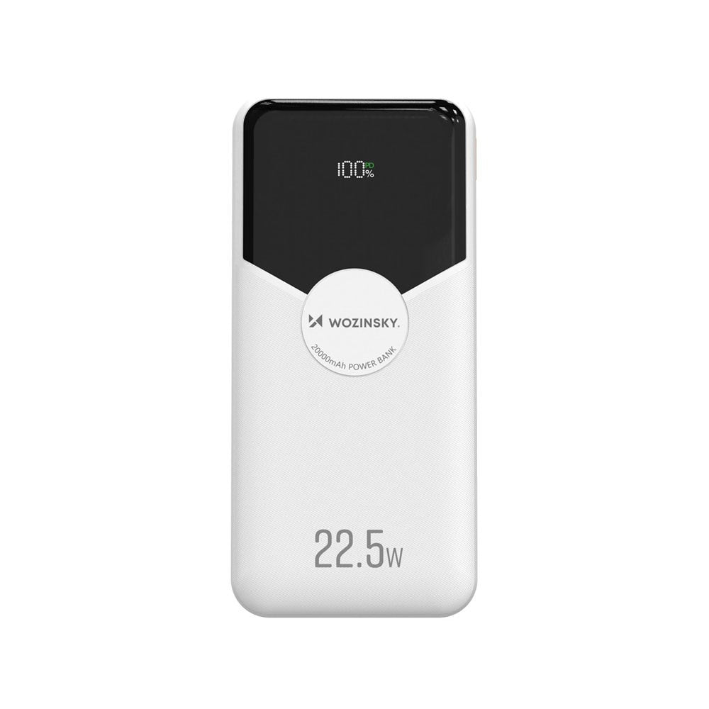 Wozinsky 20.000mAh Powerbank m. Indbygget USB-C- & Lightning-Kabel - Hvid
