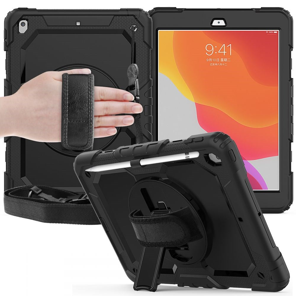 iPad 10.2" (2021 / 2020 / 2019) Tech-Protect Solid360 Håndværker Cover m. Beskyttelsesfilm, Håndholder & Skulderstrop - Sort
