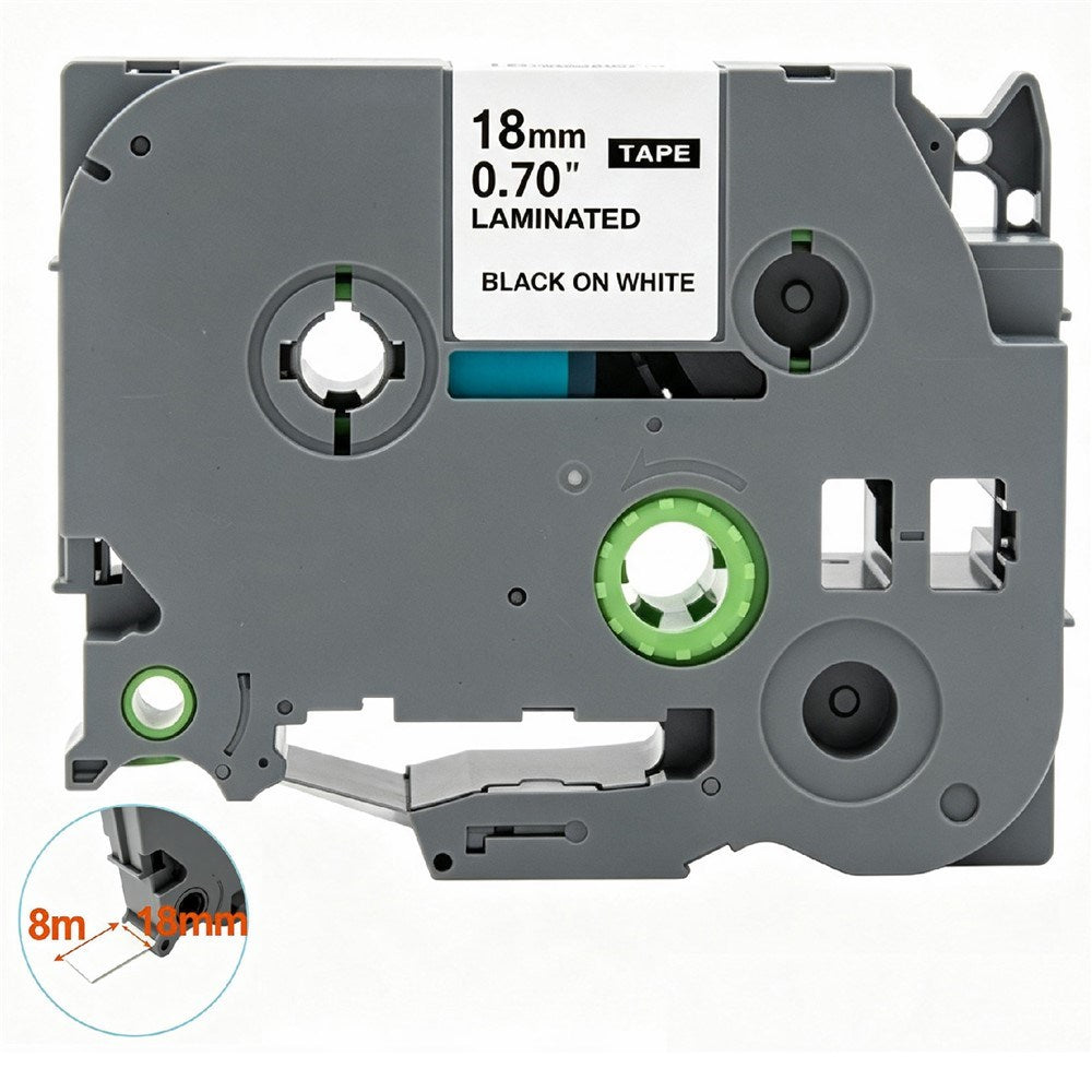 Label Tape Kassette 8 meter Lamineret Kompatibel med Brother P-Touch labelprintere Sort på Hvid - 18mm