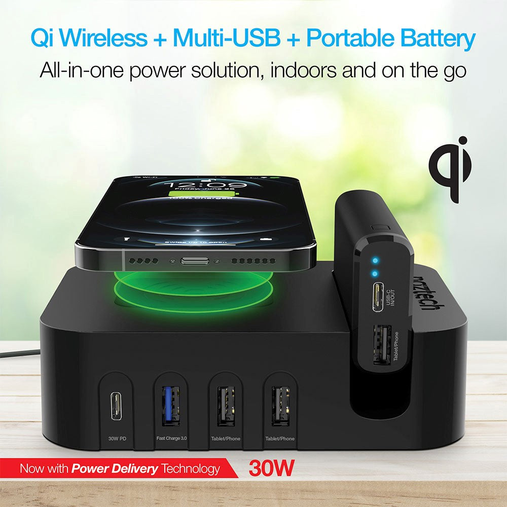 Naztech Charging Station 65W m. Trådløs Oplader, 3 x USB-A, 1 x USB-C, 1 x 4000mAh Powerbank & 20W Vægoplader - Sort