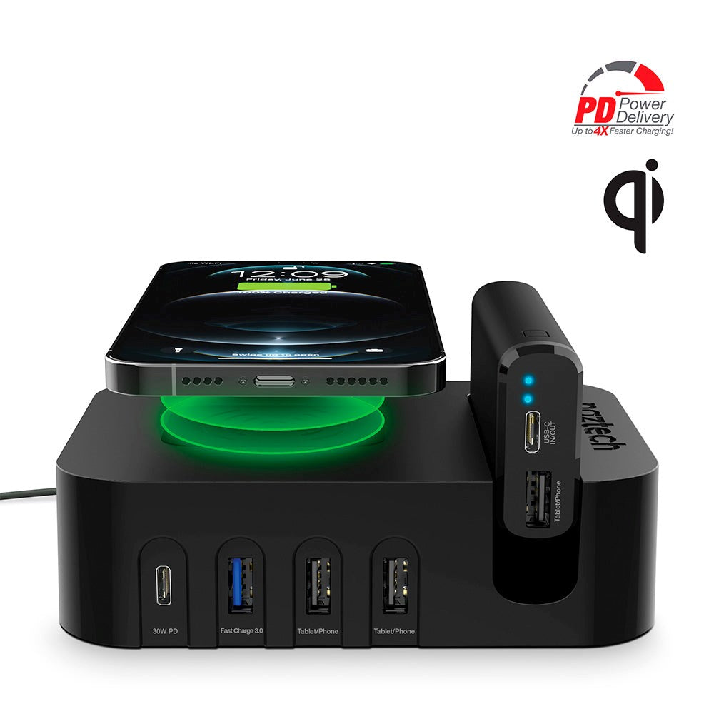 Naztech Charging Station 65W m. Trådløs Oplader, 3 x USB-A, 1 x USB-C, 1 x 4000mAh Powerbank & 20W Vægoplader - Sort