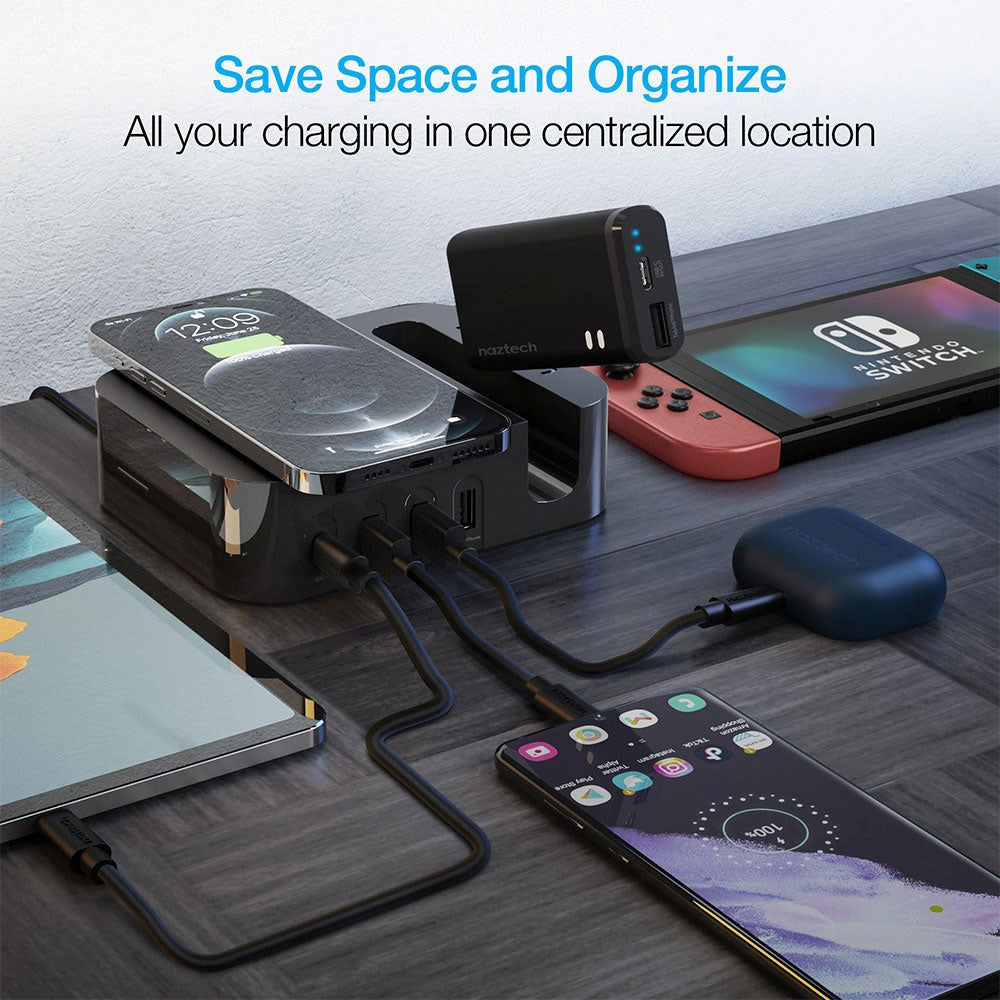 Naztech Charging Station 65W m. Trådløs Oplader, 3 x USB-A, 1 x USB-C, 1 x 4000mAh Powerbank & 20W Vægoplader - Sort