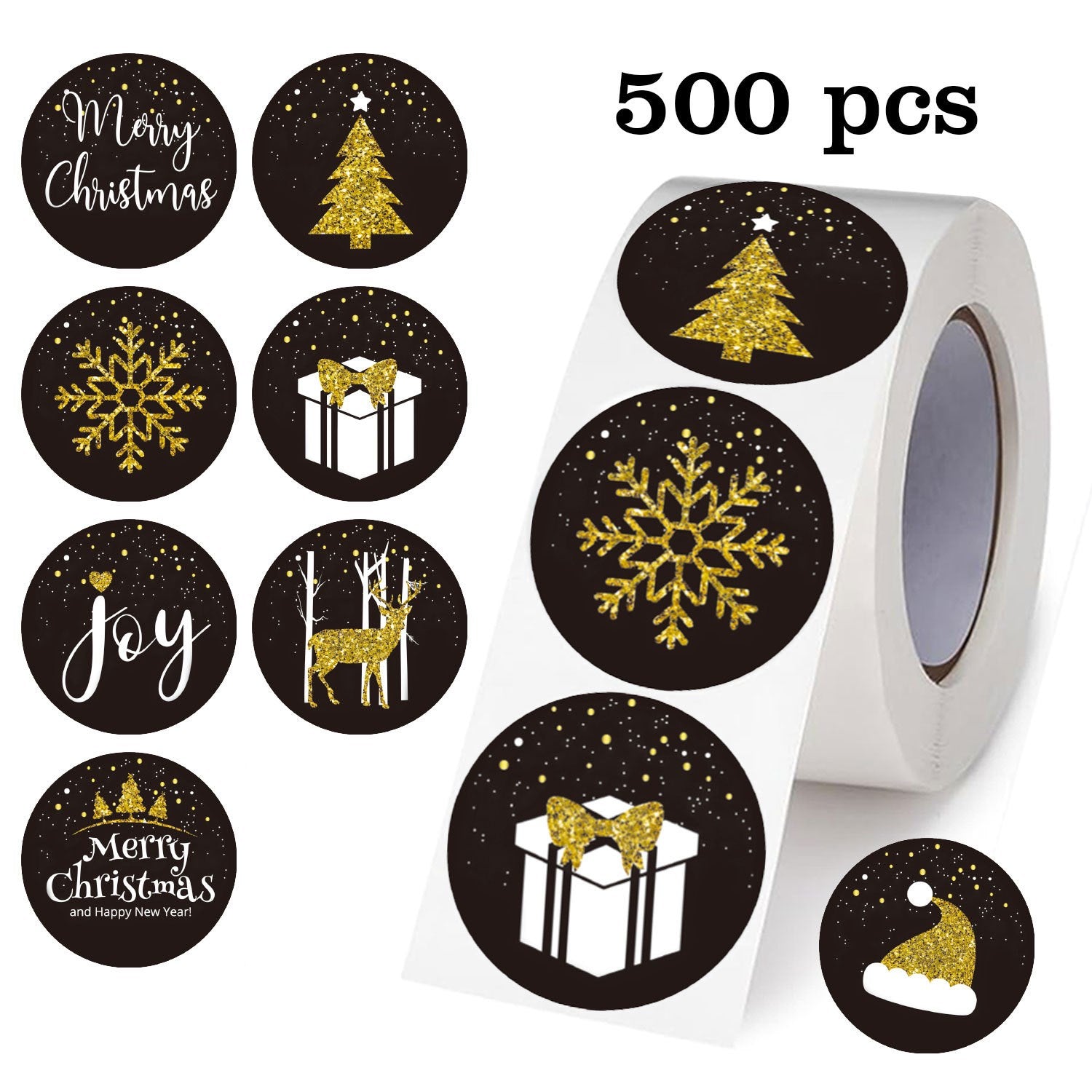 Rulle m. 500 x Klistermærker - 7 Designs - Jul / Guld