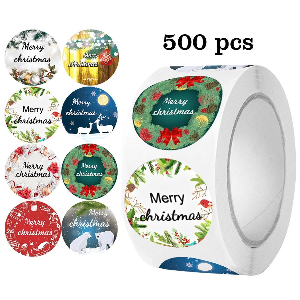 Rulle m. 500 x Klistermærker - 8 Designs - Merry Christmas