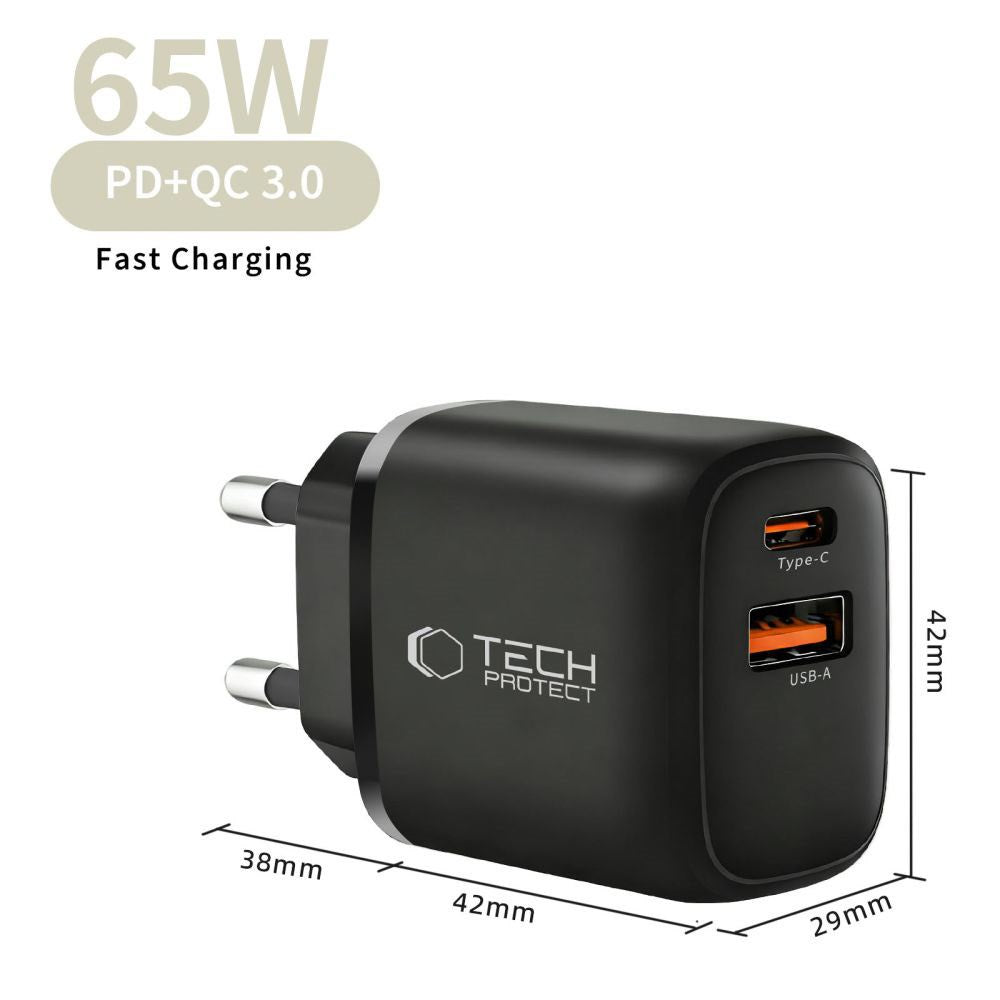 Tech-Protect 65W Vægoplader m. 1x USB-C & 1x USB-A - Sort