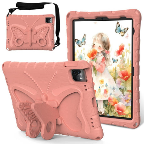 EIDERWOOD iPad Air 13" (2026 / 2025 / 2024) / Pro 13" (2025 / 2024) / Pro 12.9" (2022-2018) Børne Cover - Butterfly Kickstand Cover m. Skulderstrop - Koral