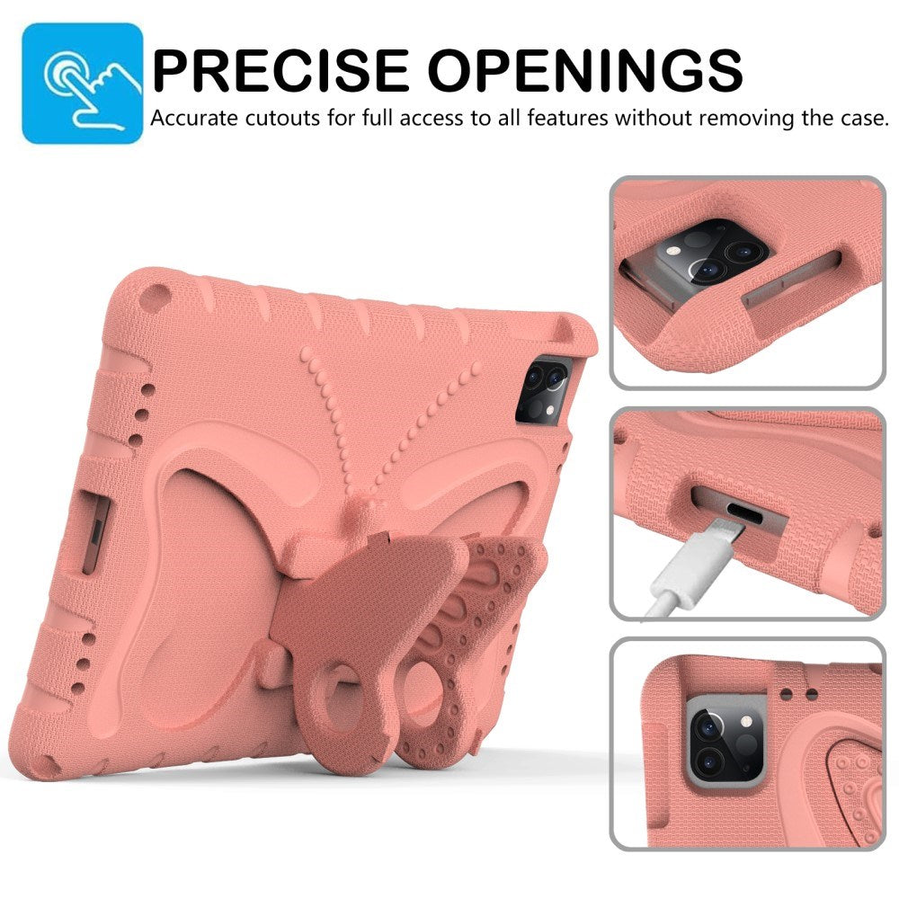 EIDERWOOD iPad Air 13" (2026 / 2025 / 2024) / Pro 13" (2025 / 2024) / Pro 12.9" (2022-2018) Børne Cover - Butterfly Kickstand Cover m. Skulderstrop - Koral