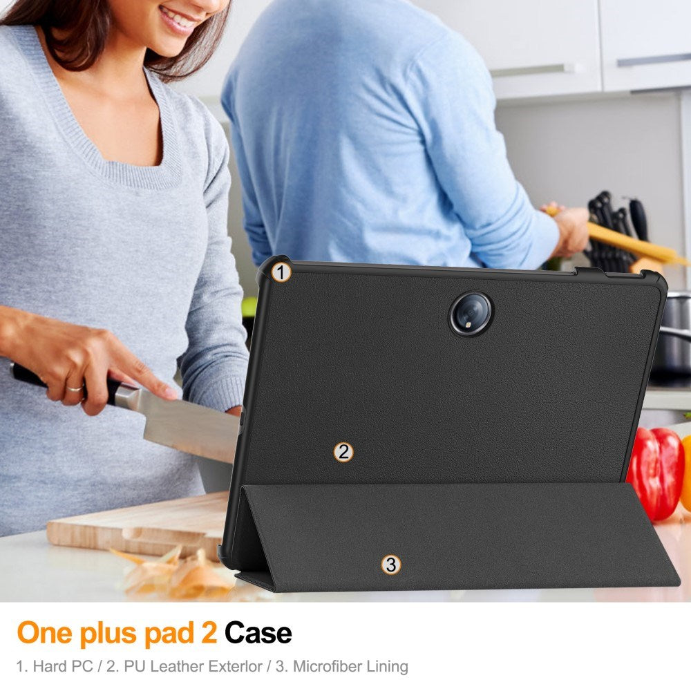 OnePlus Pad 2 Tri-Fold Læder Cover m. Vågeblus Funktion - Sort