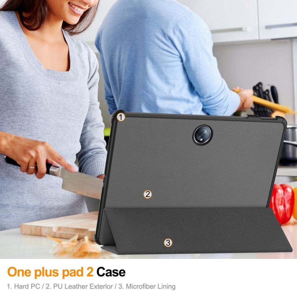 OnePlus Pad 2 Tri-Fold Læder Cover m. Vågeblus Funktion - Grå