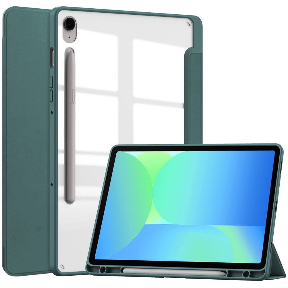 EIDERWOOD Samsung Galaxy Tab S10 Lite / S10 FE / S9 FE Flip Cover - Ståfunktion & Stylus Pen-Holder - Gennemsigtig / Mørkegrøn
