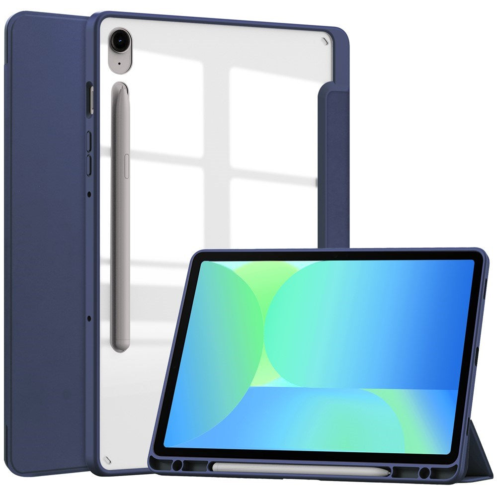 EIDERWOOD Samsung Galaxy Tab S10 Lite / S10 FE / S9 FE Flip Cover - Ståfunktion & Stylus Pen-Holder - Gennemsigtig / Mørkeblå