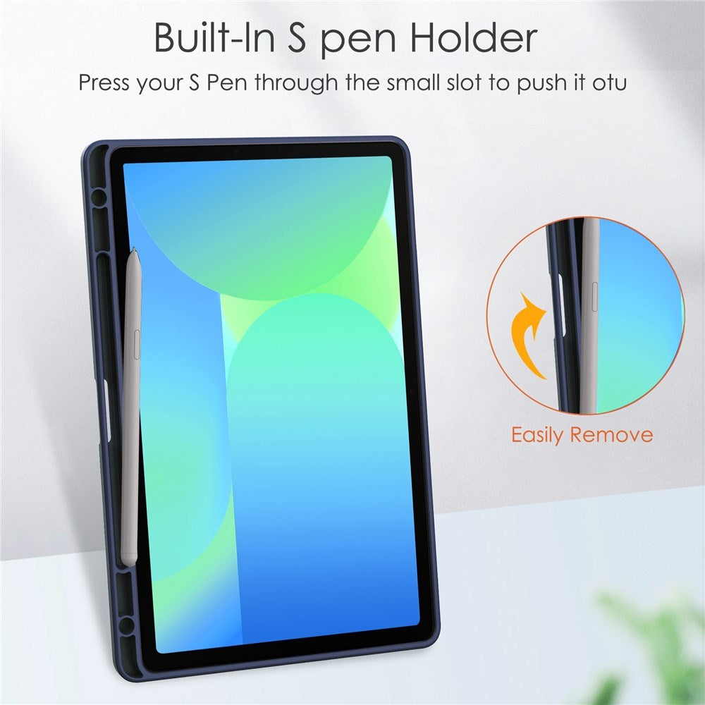 EIDERWOOD Samsung Galaxy Tab S10 Lite / S10 FE / S9 FE Flip Cover - Ståfunktion & Stylus Pen-Holder - Gennemsigtig / Mørkeblå
