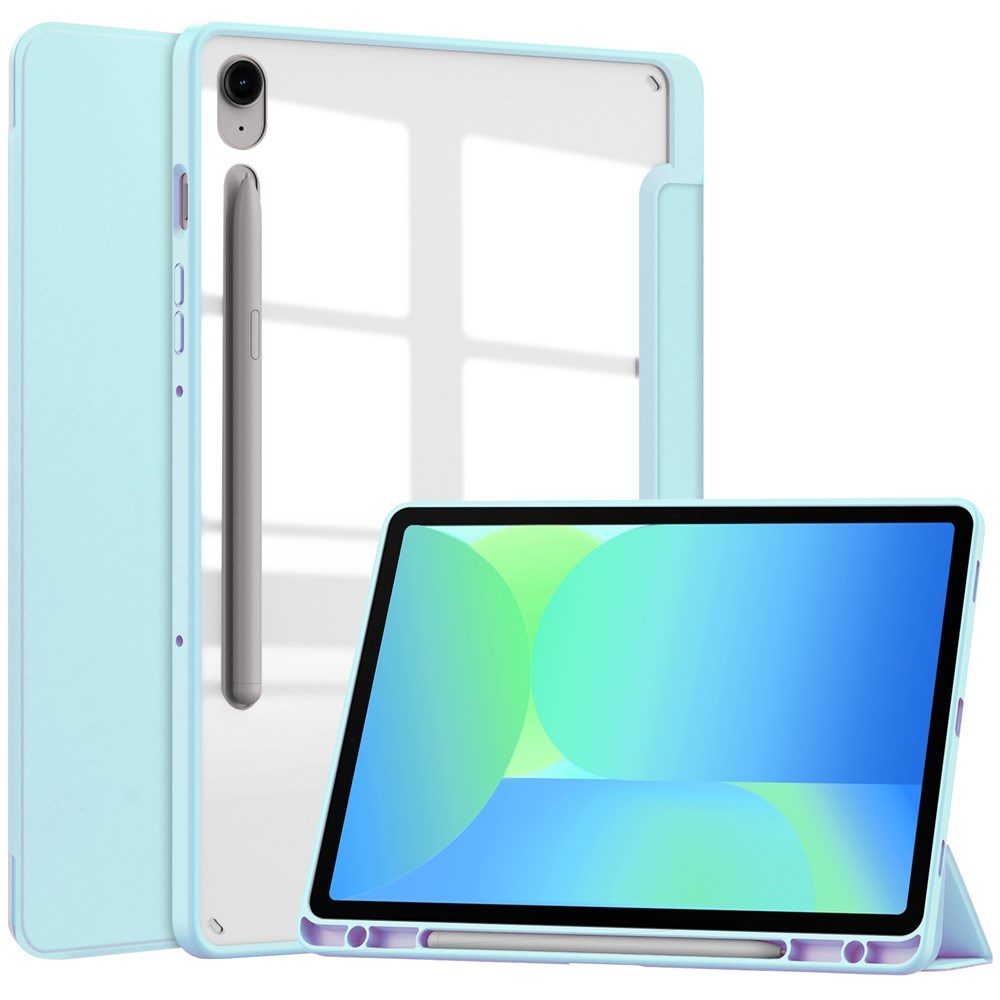EIDERWOOD Samsung Galaxy Tab S10 Lite / S10 FE / S9 FE Flip Cover - Ståfunktion & Stylus Pen-Holder - Gennemsigtig / Lyseblå