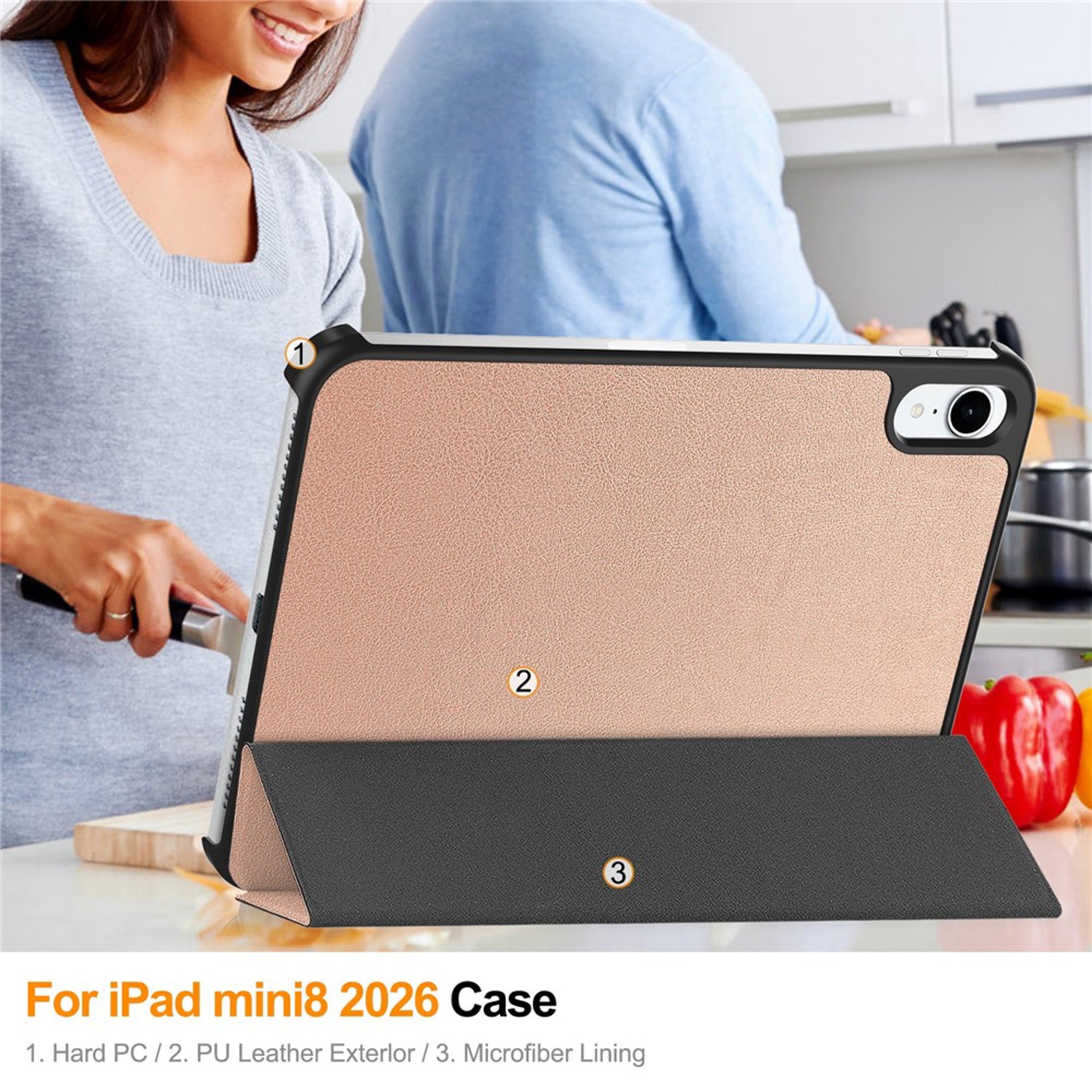 iPad Mini (2026) 8. Gen. EIDERWOOD Kunstlæder Tri-Fold Flip Cover m. Ståfunktion - Rose Gold