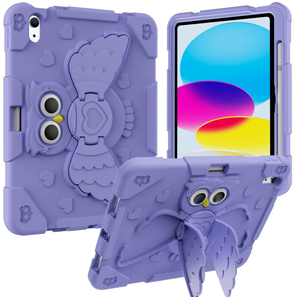 iPad 11" (2025) / iPad 10.9" (2024/2022) Hybrid Håndværker Cover m. Kickstand, Penholder & Ugle Motiv - Lilla