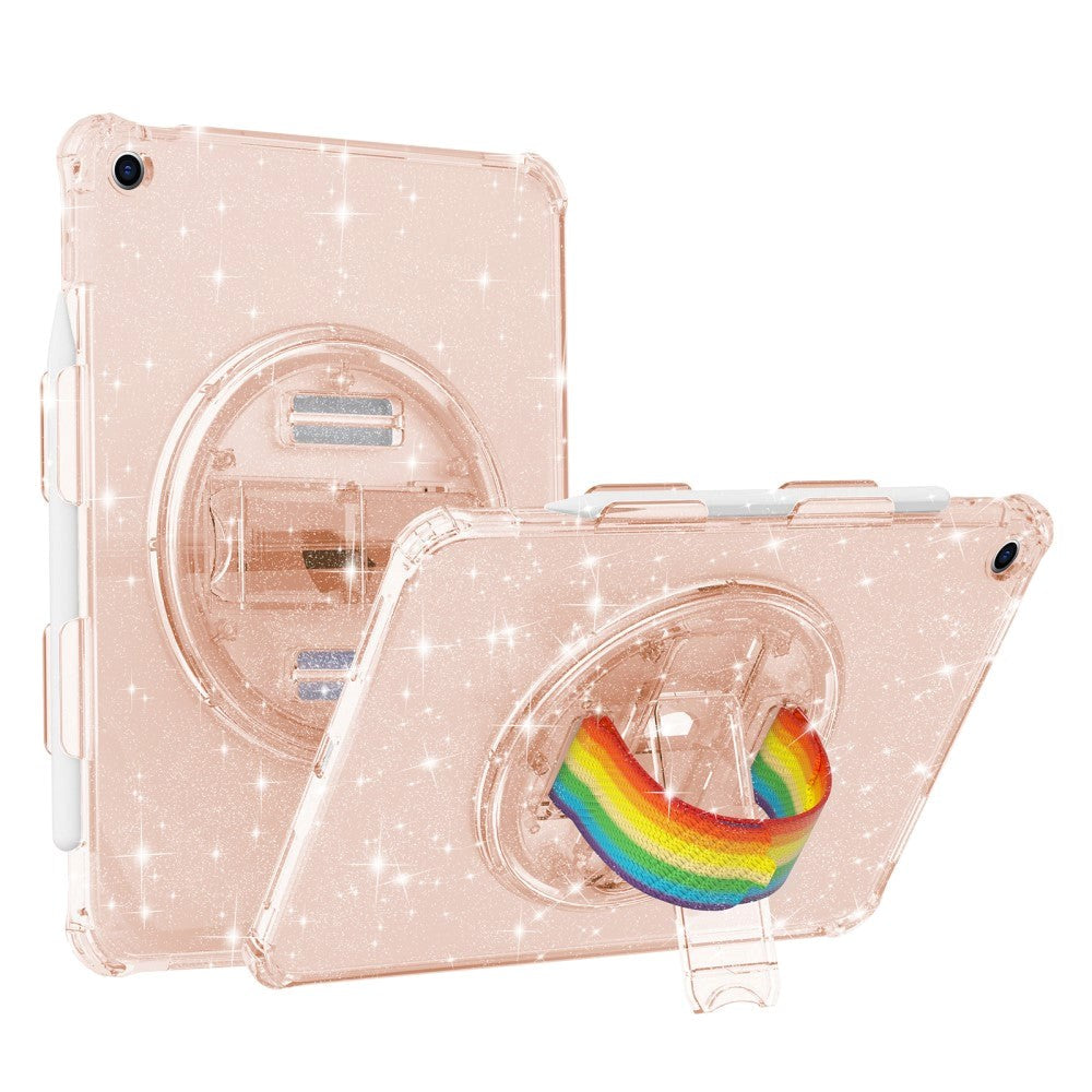 iPad 10.2" (2021 / 2020 / 2019) Hårdt Plastik Cover m. Håndholder, Kickstand & Skulderstrop - Gennemsigtig / Glitter Guld
