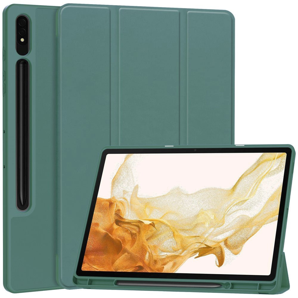 Samsung Galaxy Tab S9+ (Plus) Magnetisk Tri-Fold Læder Cover m. Pencil Holder - Mørkegrøn