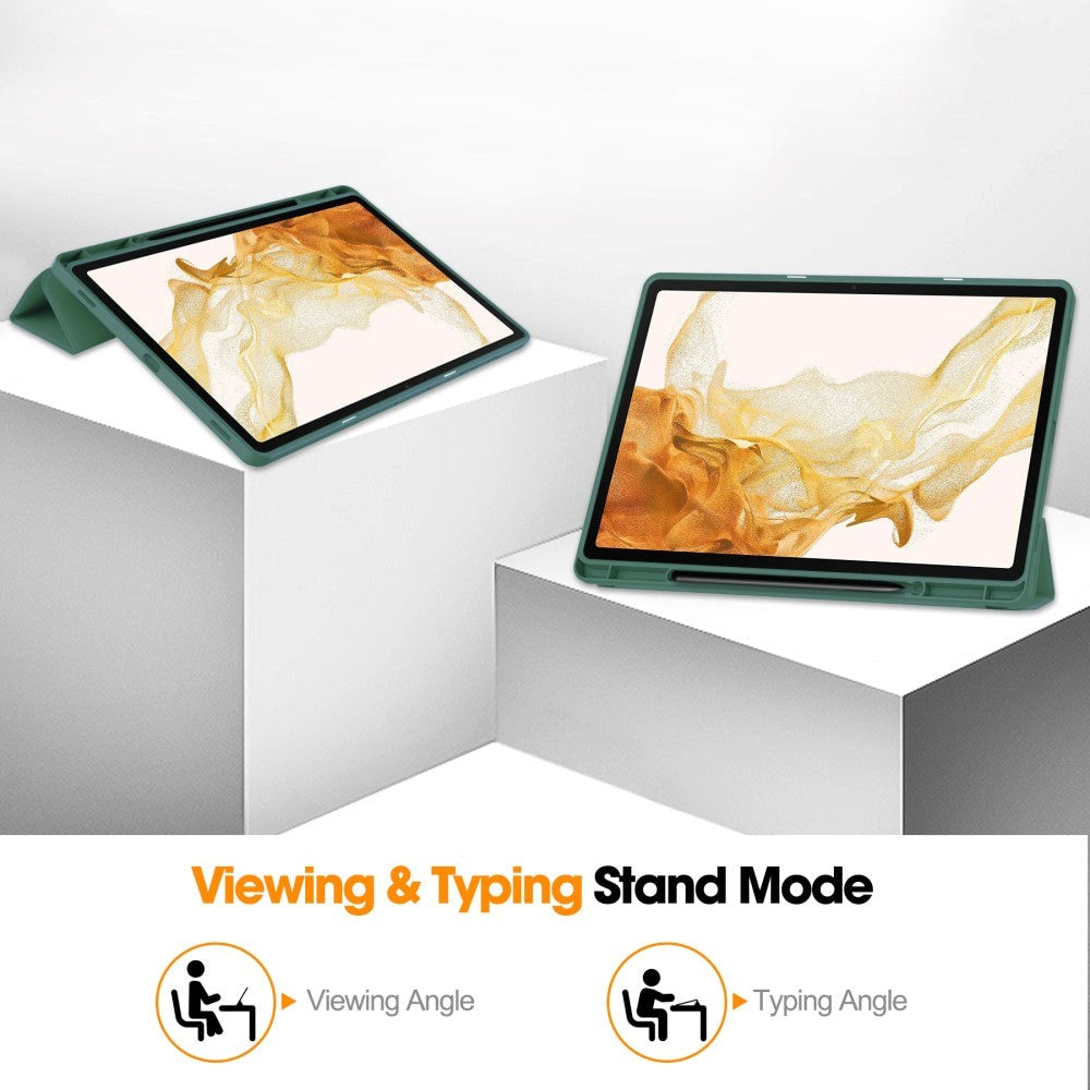 Samsung Galaxy Tab S9+ (Plus) Magnetisk Tri-Fold Læder Cover m. Pencil Holder - Mørkegrøn
