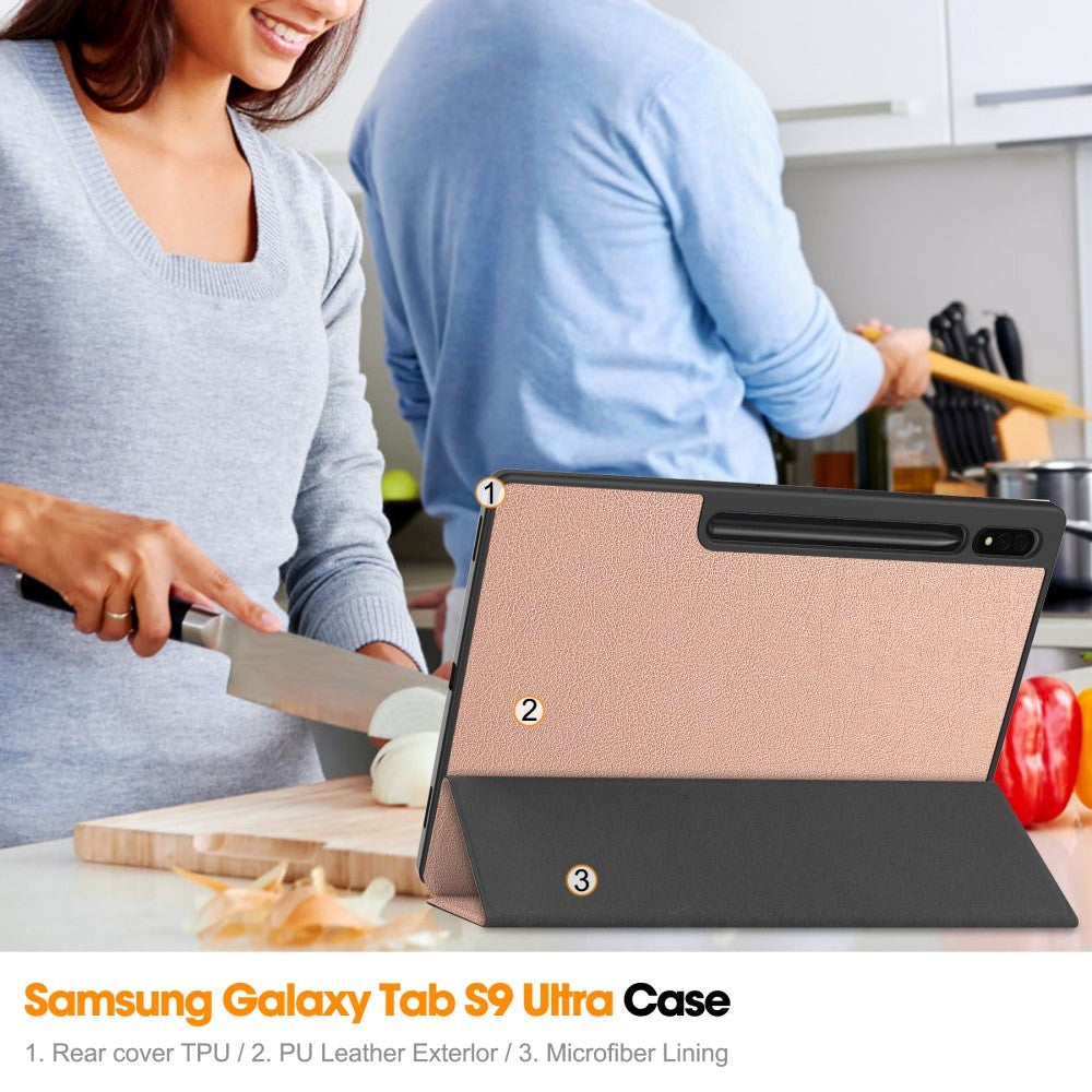 Samsung Galaxy Tab S9 Ultra Tri-Fold Læder Cover m. Standerfunktion - Rose Gold
