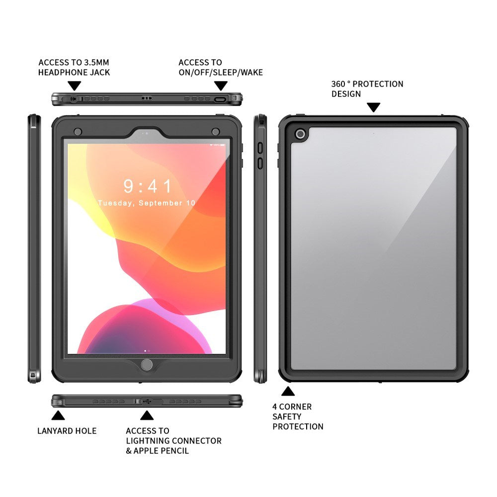 iPad 10.2" (2021 / 2020 / 2019) Vandtæt Håndværker Cover m. skærmbeskyttelse - Gennemsigtig / Sort