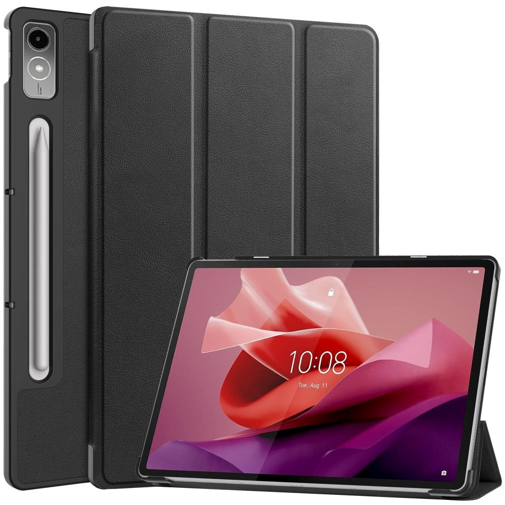 Lenovo Tab P12 Magnetisk Tri-Fold Læder Cover m. Pencil Holder - Sort