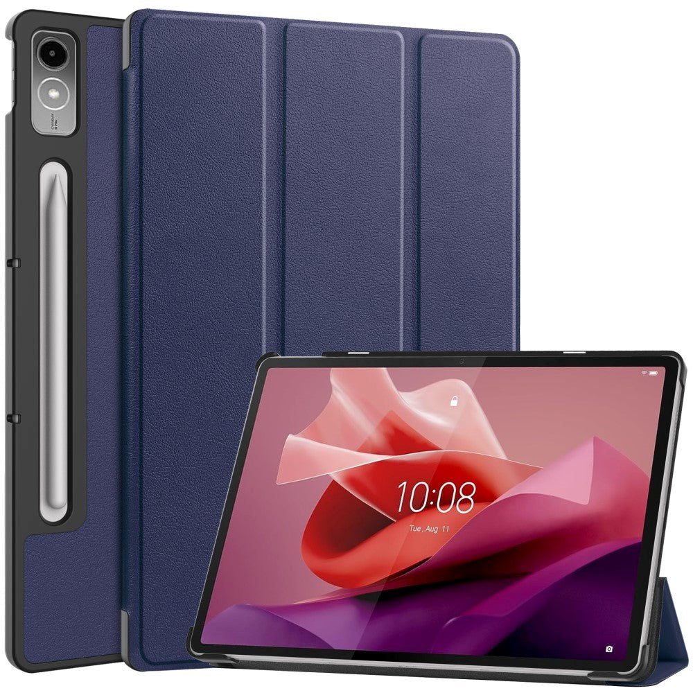 Lenovo Tab P12 Magnetisk Tri-Fold Læder Cover m. Pencil Holder - Mørkeblå