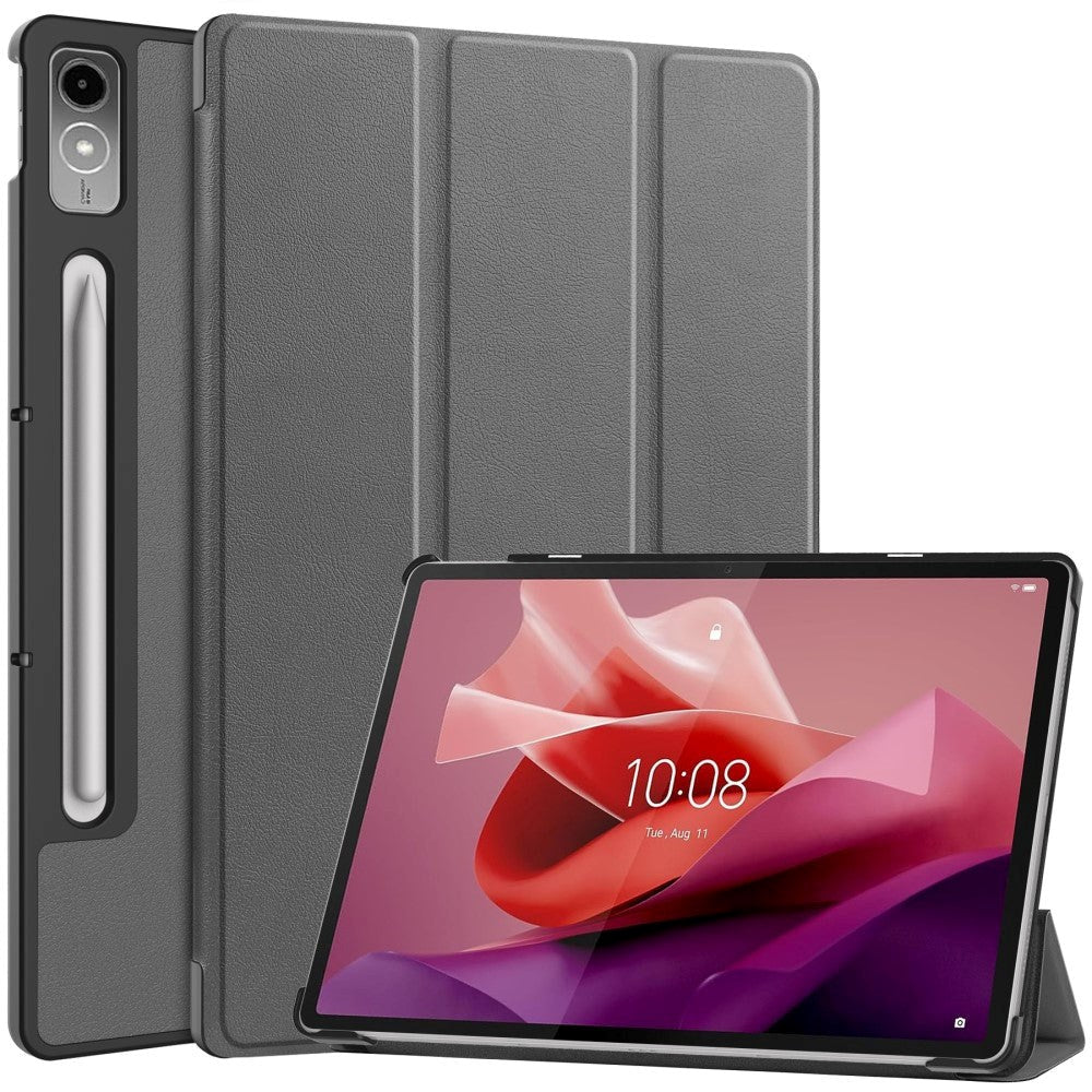 Lenovo Tab P12 Magnetisk Tri-Fold Læder Cover m. Pencil Holder - Grå