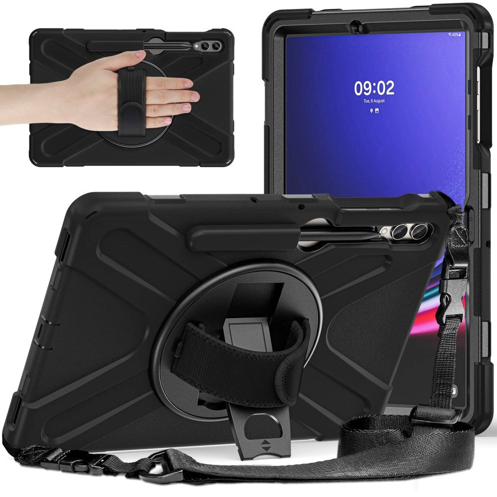 Samsung Galaxy Tab S9+ / S8+ / S7+ (Plus) / S7 FE Håndværker Cover m. Håndholder, Kickstand, Pencil Holder & Skulderstrop - Sort