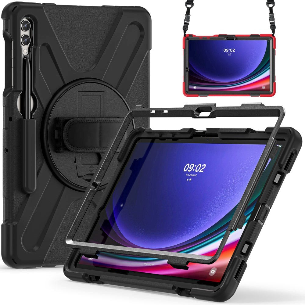 Samsung Galaxy Tab S9+ / S8+ / S7+ (Plus) / S7 FE Håndværker Cover m. Håndholder, Kickstand, Pencil Holder & Skulderstrop - Sort
