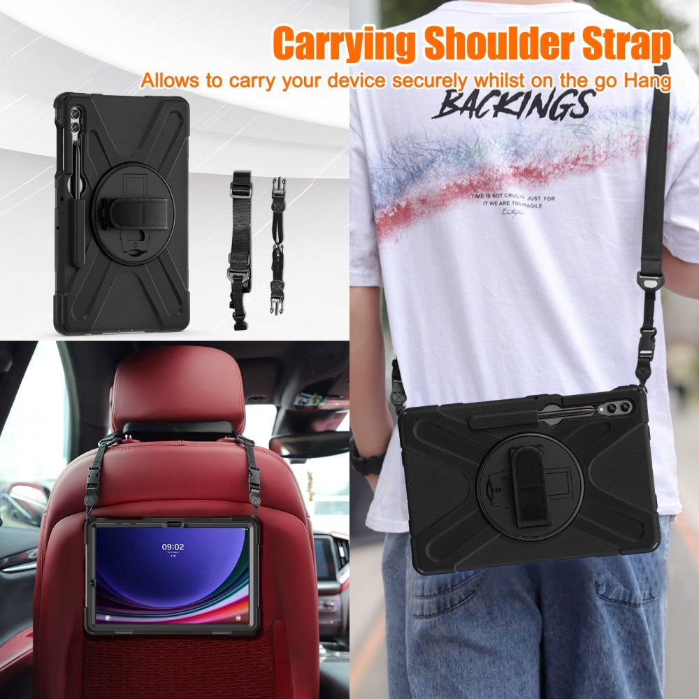 Samsung Galaxy Tab S9+ / S8+ / S7+ (Plus) / S7 FE Håndværker Cover m. Håndholder, Kickstand, Pencil Holder & Skulderstrop - Sort