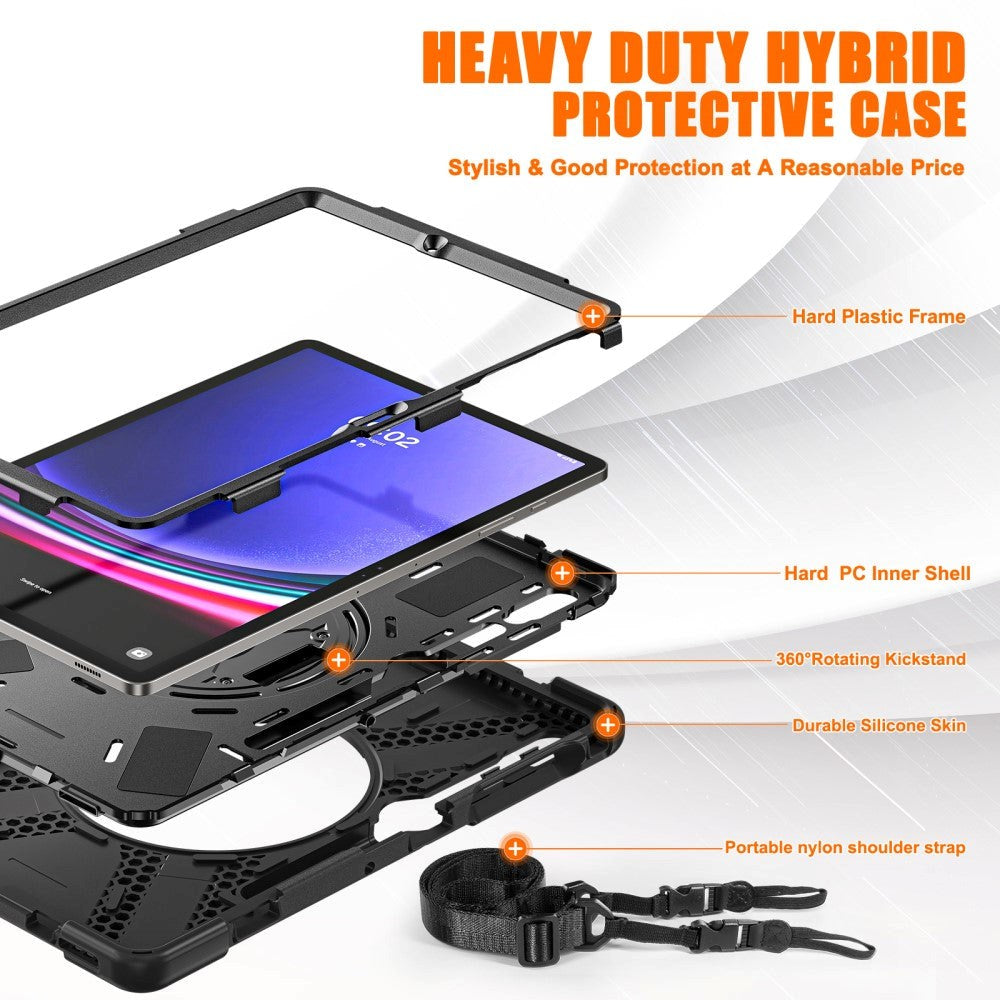 Samsung Galaxy Tab S9+ / S8+ / S7+ (Plus) / S7 FE Håndværker Cover m. Håndholder, Kickstand, Pencil Holder & Skulderstrop - Sort