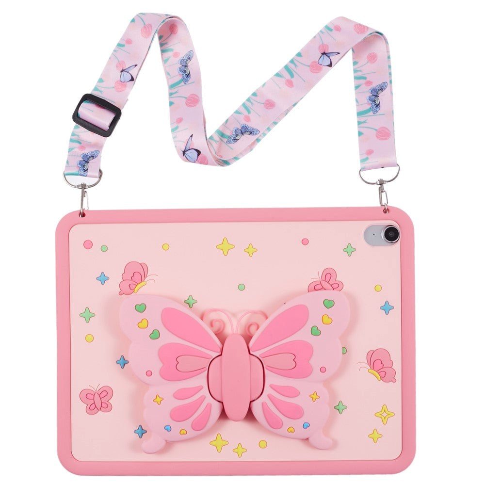 iPad 11" (2025) / iPad 10.9" (2024/2022) Silikone Børne Cover - Sommerfugl Kickstand Cover m. Skulderstrop - Lyserød