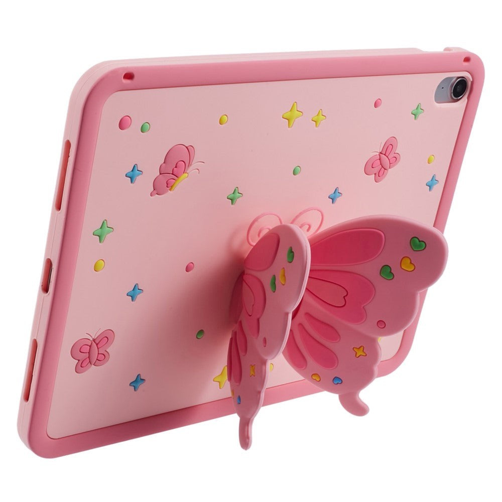 iPad 11" (2025) / iPad 10.9" (2024/2022) Silikone Børne Cover - Sommerfugl Kickstand Cover m. Skulderstrop - Lyserød