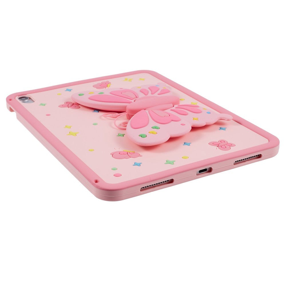 iPad 11" (2025) / iPad 10.9" (2024/2022) Silikone Børne Cover - Sommerfugl Kickstand Cover m. Skulderstrop - Lyserød