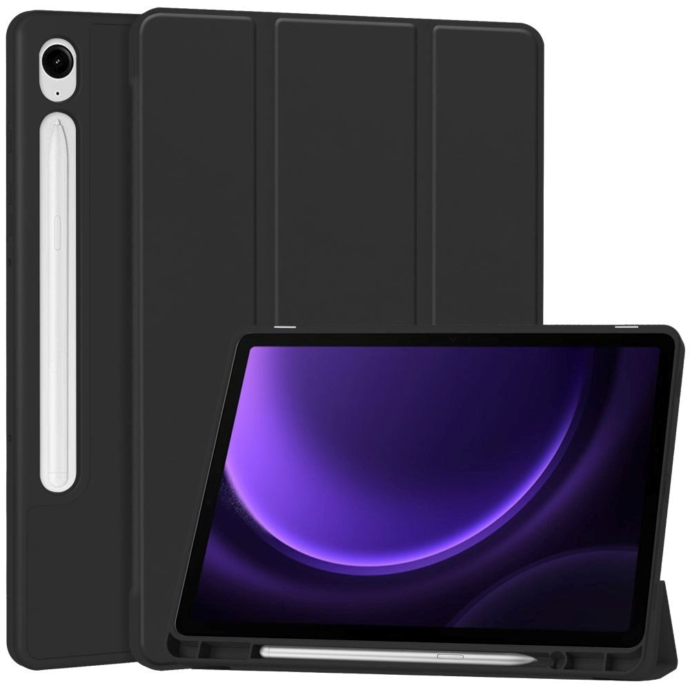 Samsung Galaxy Tab S10 FE / S9 FE Magnetisk Tri-Fold Læder Cover m. Pencil Holder - Sort