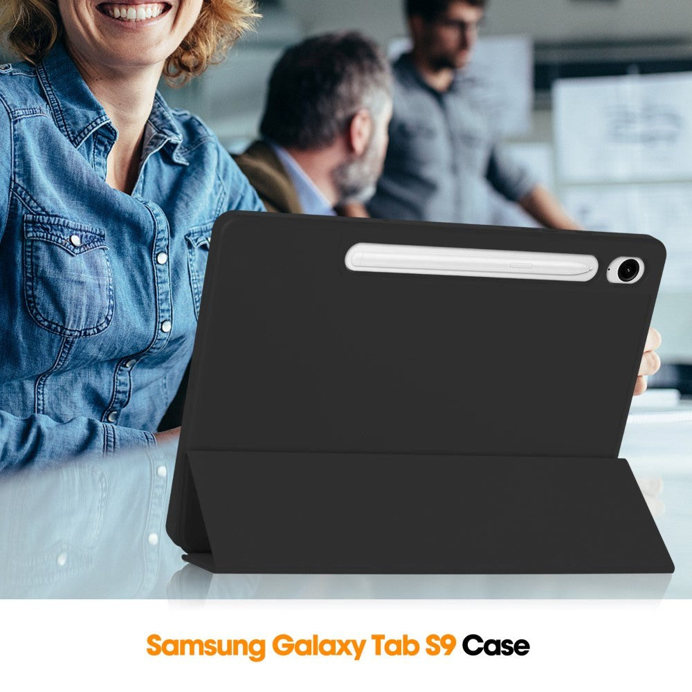 Samsung Galaxy Tab S10 FE / S9 FE Magnetisk Tri-Fold Læder Cover m. Pencil Holder - Sort