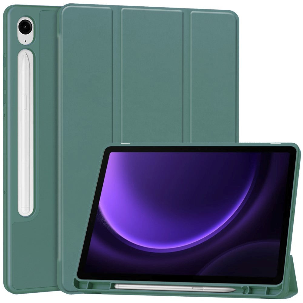 Samsung Galaxy Tab S10 FE / S9 FE Magnetisk Tri-Fold Læder Cover m. Pencil Holder - Grøn