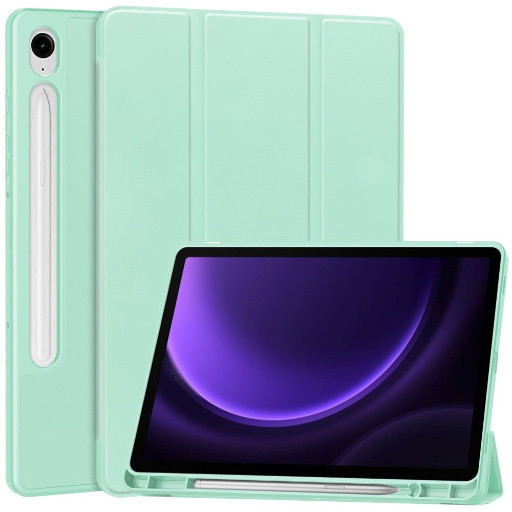 Samsung Galaxy Tab S10 FE / S9 FE Magnetisk Tri-Fold Læder Cover m. Pencil Holder - Mintgrøn