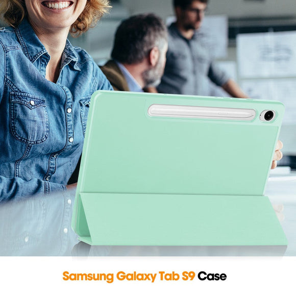 Samsung Galaxy Tab S10 FE / S9 FE Magnetisk Tri-Fold Læder Cover m. Pencil Holder - Mintgrøn