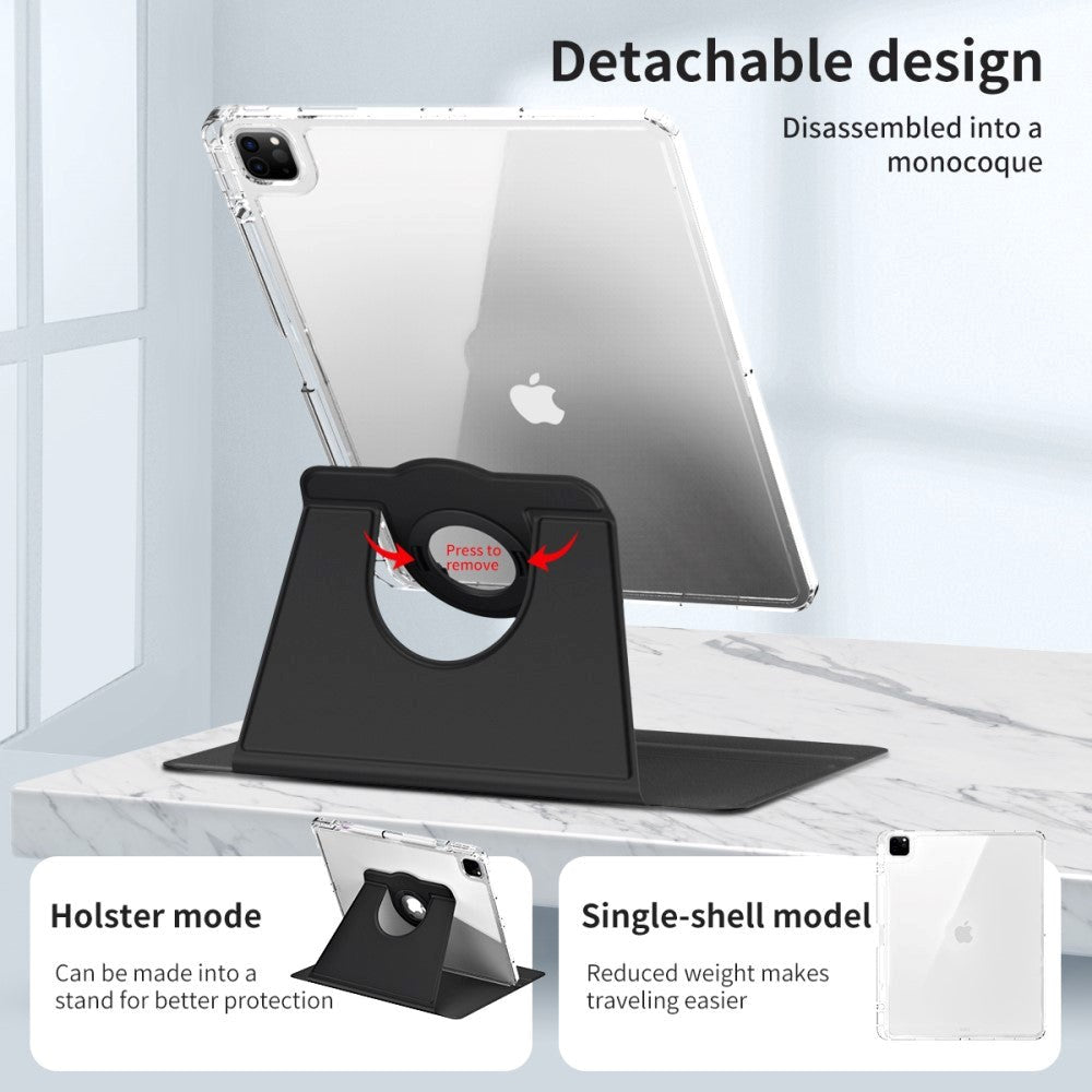 iPad Pro 12.9" (2022 / 2021 / 2020 / 2018) 2 i 1 Hybrid Flip Cover m. Kameralinse Beskyttelse & Pen Holder - Sort / Gennemsigtig