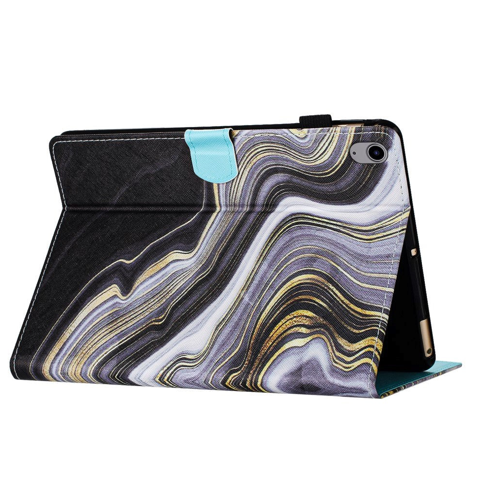 iPad 11" (2025) / iPad 10.9" (2024/2022) Læder Cover m. Ståfunktion & Kortholder - Sort / Guld Marmor