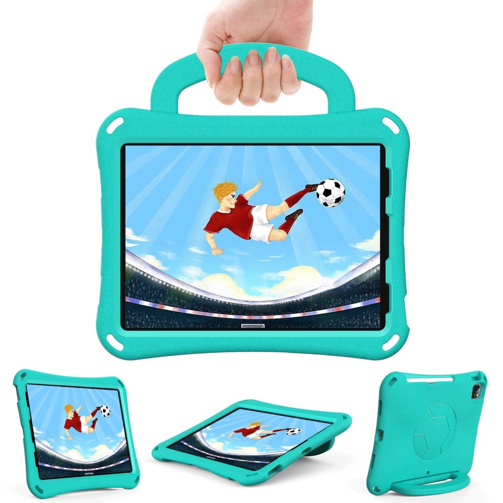 EIDERWOOD iPad Air 10.9" (2022 / 2020) / Pro 11" (2024-2018) Børne Cover m. Ståfunktion & Håndtag - Fodbold - Mintgrøn