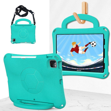 EIDERWOOD iPad Air 10.9" (2022 / 2020) / Pro 11" (2024-2018) Børne Cover m. Ståfunktion & Håndtag - Fodbold - Mintgrøn
