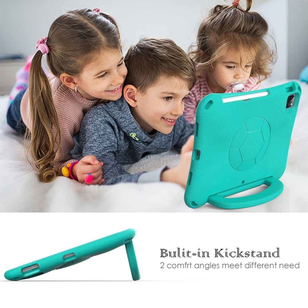 EIDERWOOD iPad Air 10.9" (2022 / 2020) / Pro 11" (2024-2018) Børne Cover m. Ståfunktion & Håndtag - Fodbold - Mintgrøn